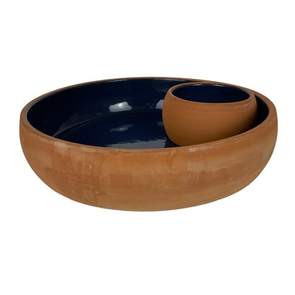 Cabin Fever Chip & Dip Platter Glazed Blue Interior Terracotta Exterior Made In - Picture 7 of 9
